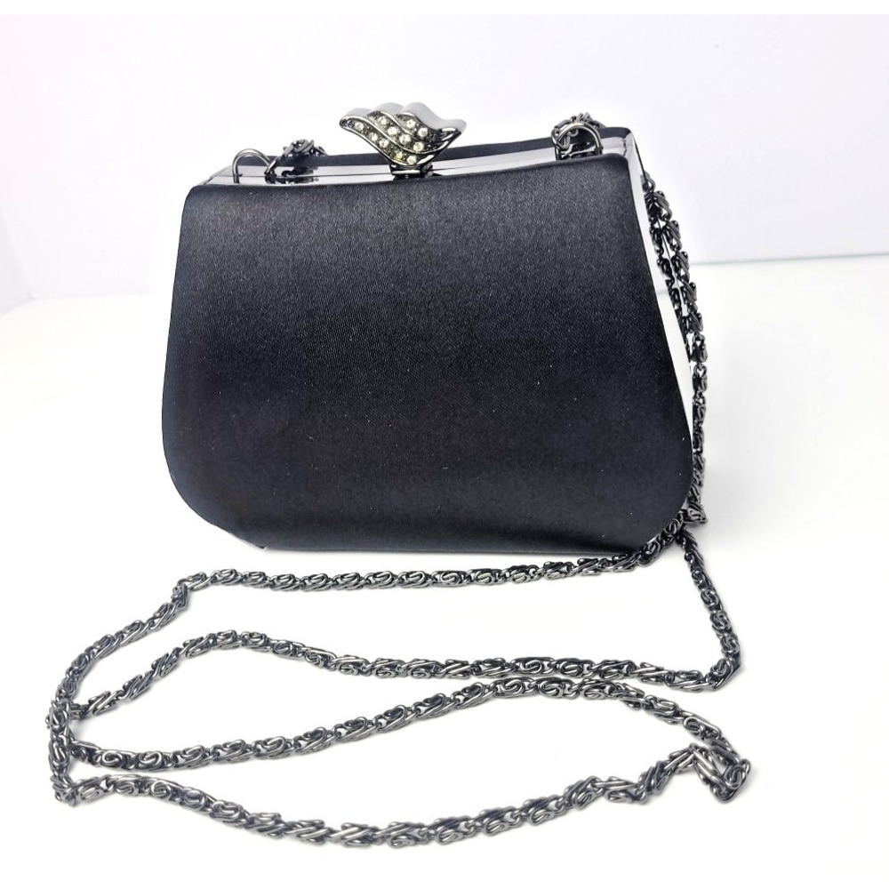 Jessica Mcclintock Clutch Purse Satin Cocktail Rhinestone Clamshell Top Clasp